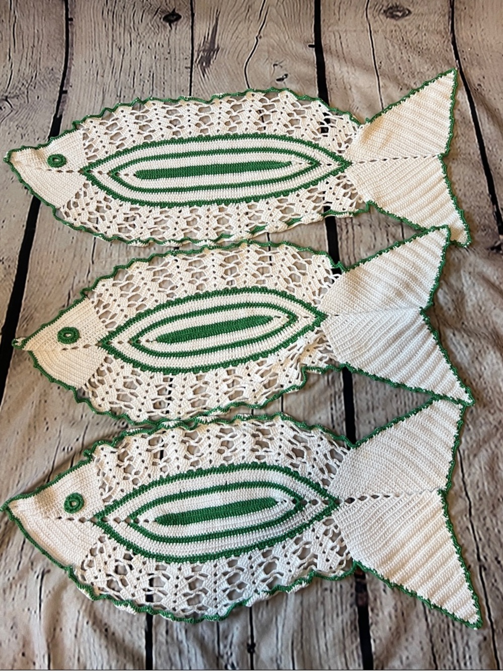 Vintage Crochet Fish Doilies Set of 3 Green White Handmade Coastal Decor